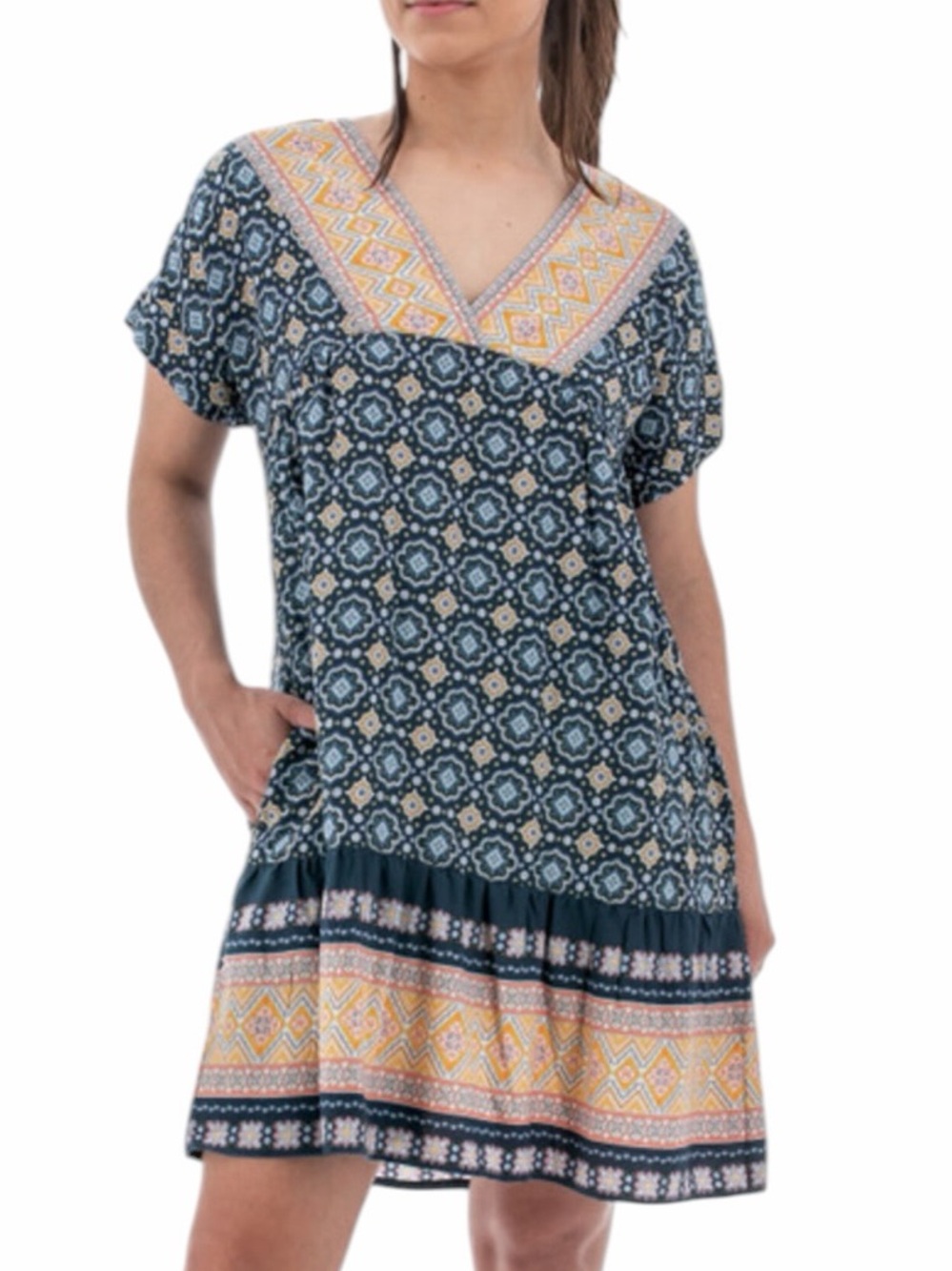 Aventura Printed Tunic Dress Blue Boho V-Neck Short Sleeve Tencel Modal Large